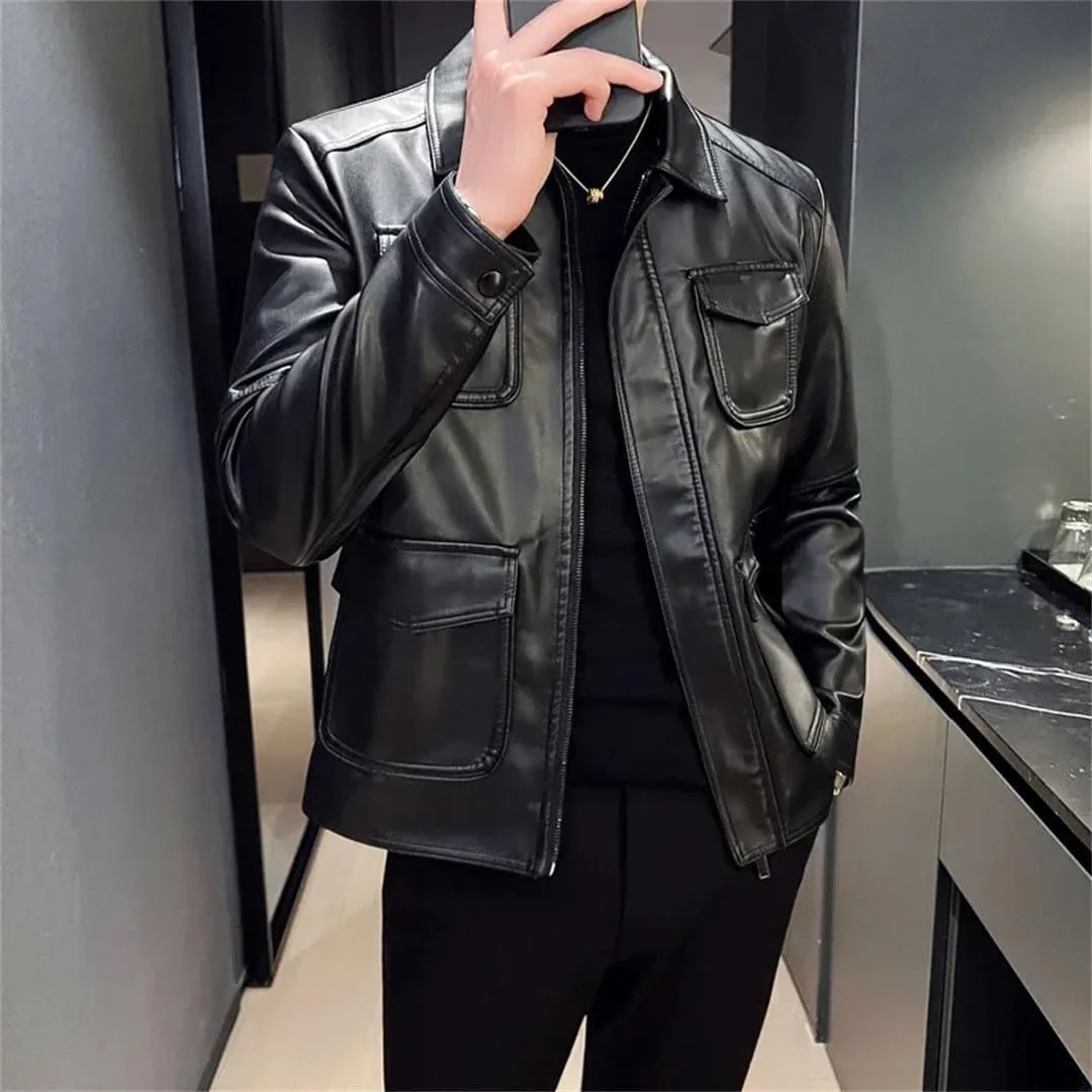 Men Motorcycle Leather Jacket Soft Thin Slim Leather Jacket