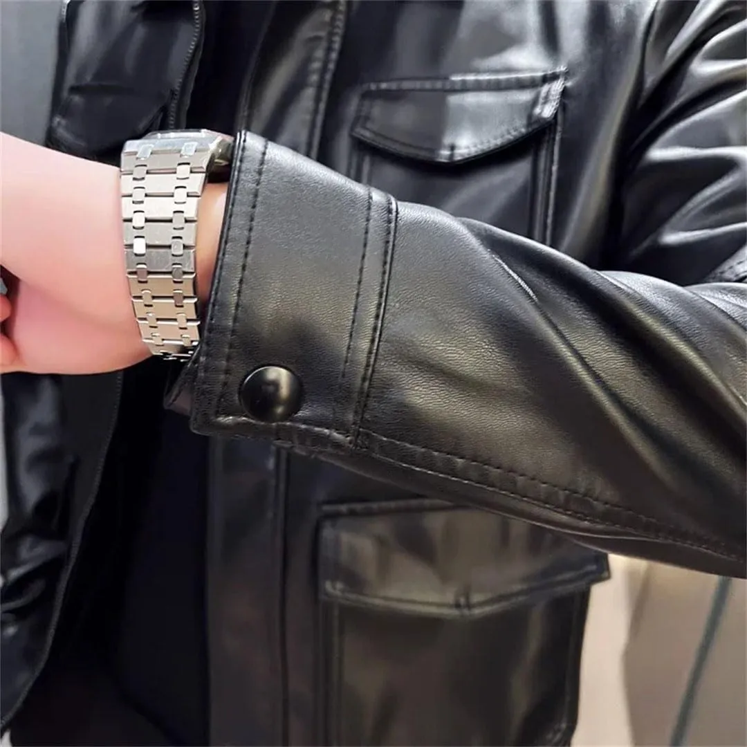 Men Motorcycle Leather Jacket Soft Thin Slim Leather Jacket