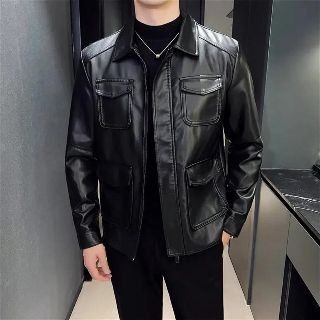 Men Motorcycle Leather Jacket Soft Thin Slim Leather Jacket