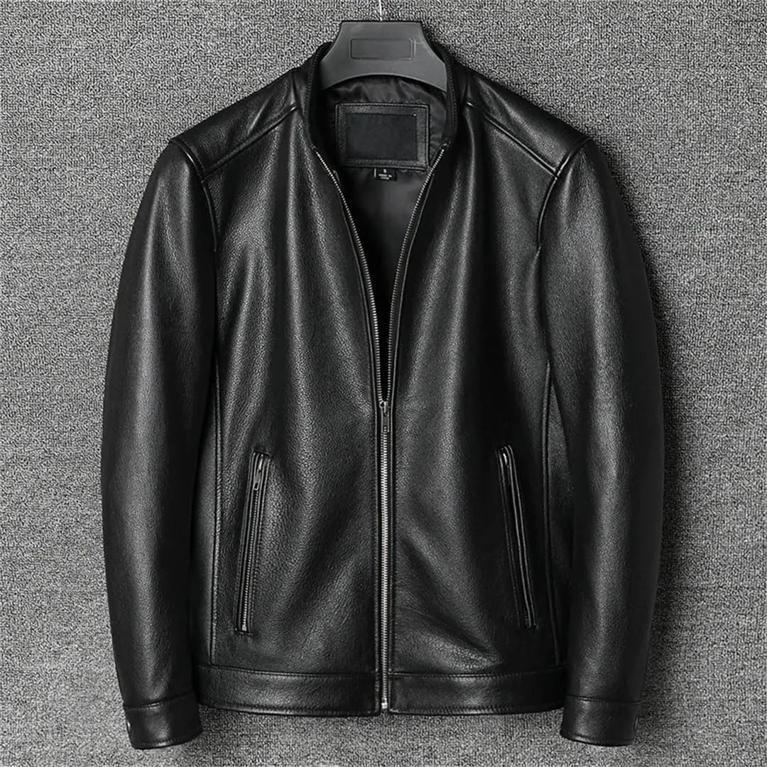 Men Slim Short Stand Collar Leather Jacket Motorcycle Lightweight Leather Jacket
