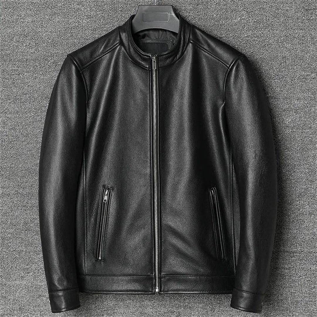 Men Slim Short Stand Collar Leather Jacket Motorcycle Lightweight Leather Jacket
