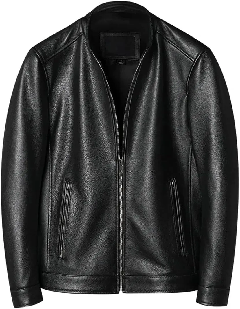 Men Slim Short Stand Collar Leather Jacket Motorcycle Lightweight Leather Jacket
