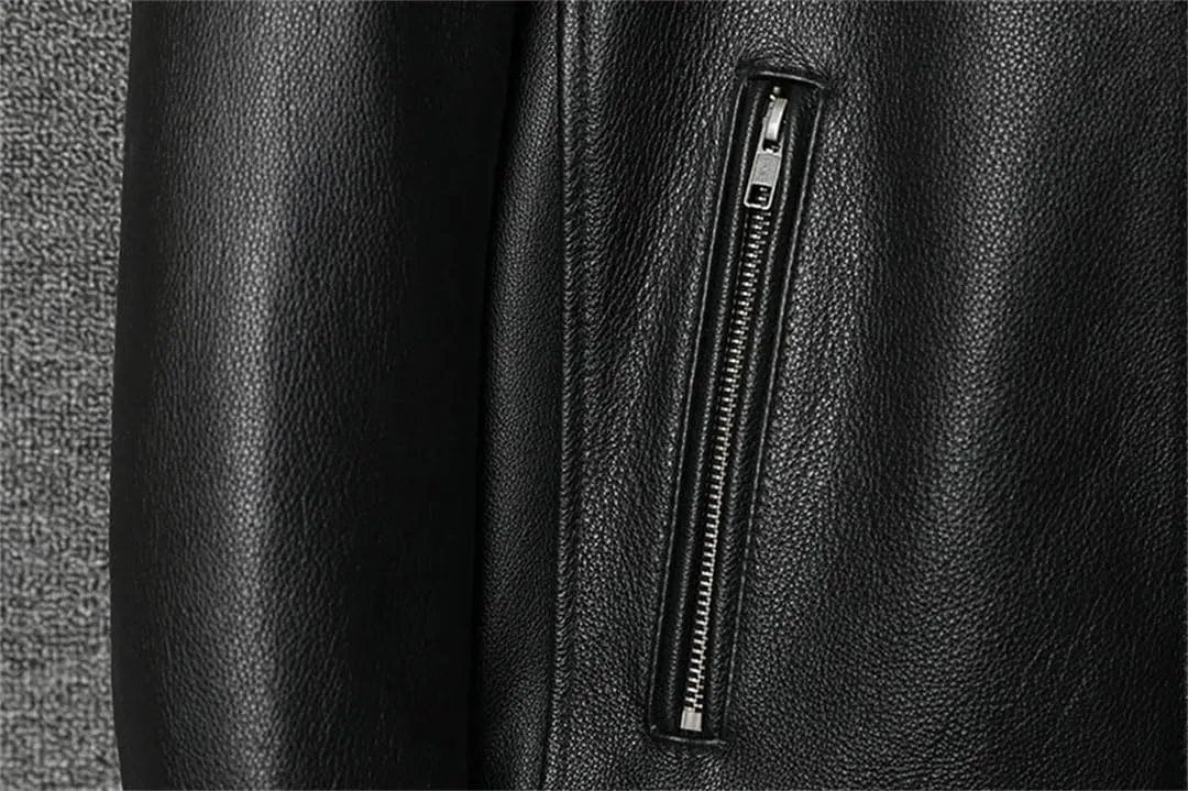 Men Slim Short Stand Collar Leather Jacket Motorcycle Lightweight Leather Jacket