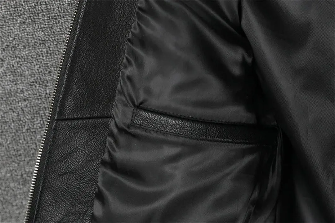 Men Slim Short Stand Collar Leather Jacket Motorcycle Lightweight Leather Jacket