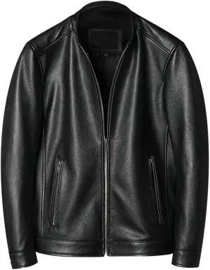Men Slim Short Stand Collar Leather Jacket Motorcycle Lightweight Leather Jacket