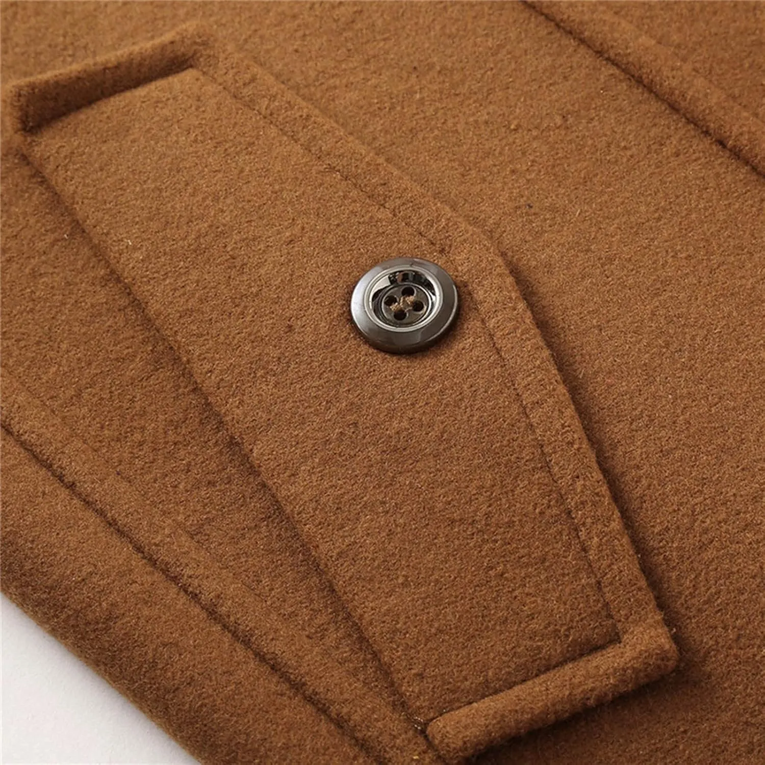 Men Winter Warm Pea Coat Casual Double Collar Woolen Blend Trench Jacket Thicken Mid Length Windproof Pocket Overcoat