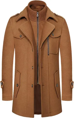 Men Winter Warm Pea Coat Casual Double Collar Woolen Blend Trench Jacket Thicken Mid Length Windproof Pocket Overcoat