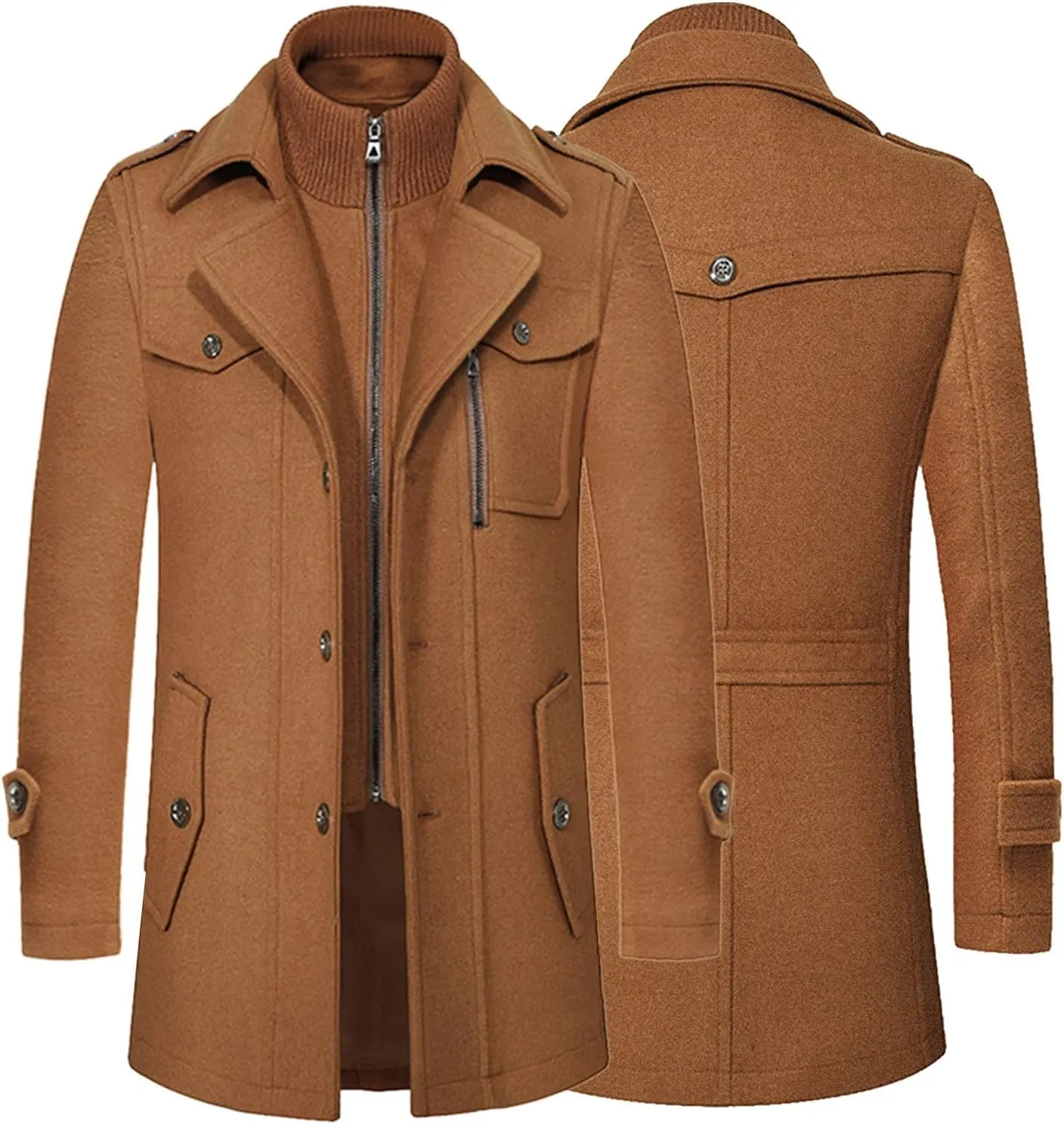 Men Winter Warm Pea Coat Casual Double Collar Woolen Blend Trench Jacket Thicken Mid Length Windproof Pocket Overcoat