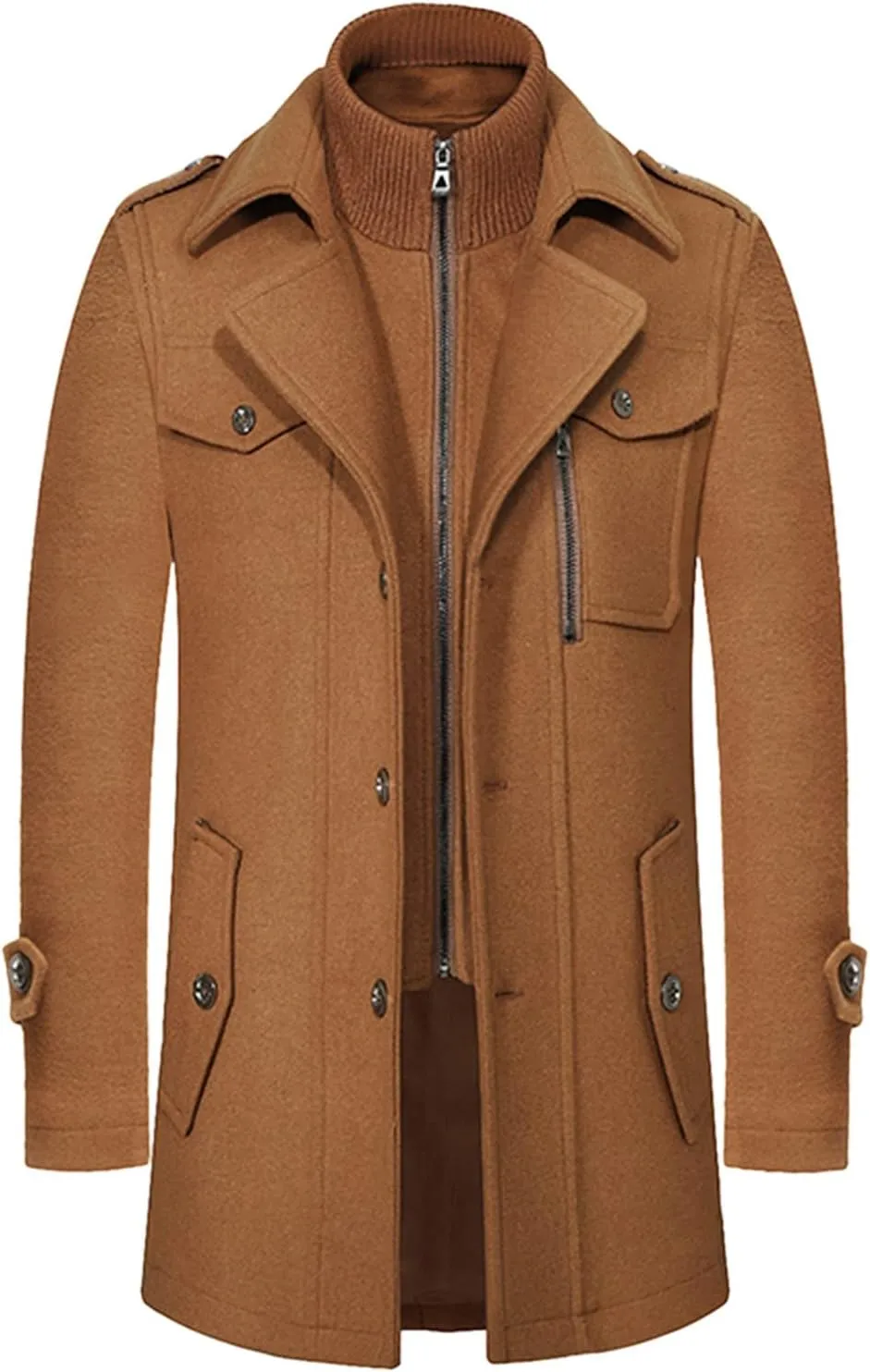 Men Winter Warm Pea Coat Casual Double Collar Woolen Blend Trench Jacket Thicken Mid Length Windproof Pocket Overcoat