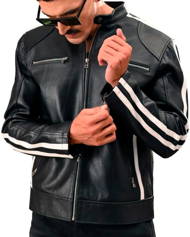 Mens Black Cafe Racer Vintage Motorcycle White Stripes Leather Jacket Retro Biker Leather Jacket