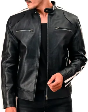 Mens Black Cafe Racer Vintage Motorcycle White Stripes Leather Jacket Retro Biker Leather Jacket