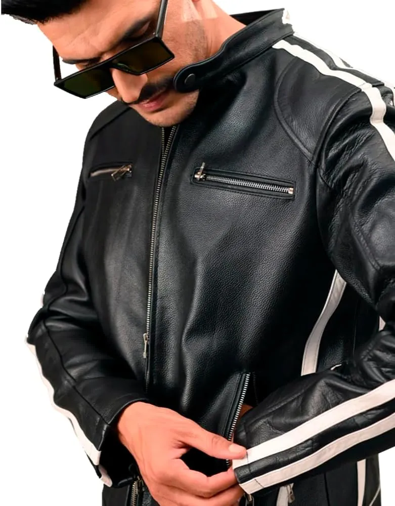Mens Black Cafe Racer Vintage Motorcycle White Stripes Leather Jacket Retro Biker Leather Jacket