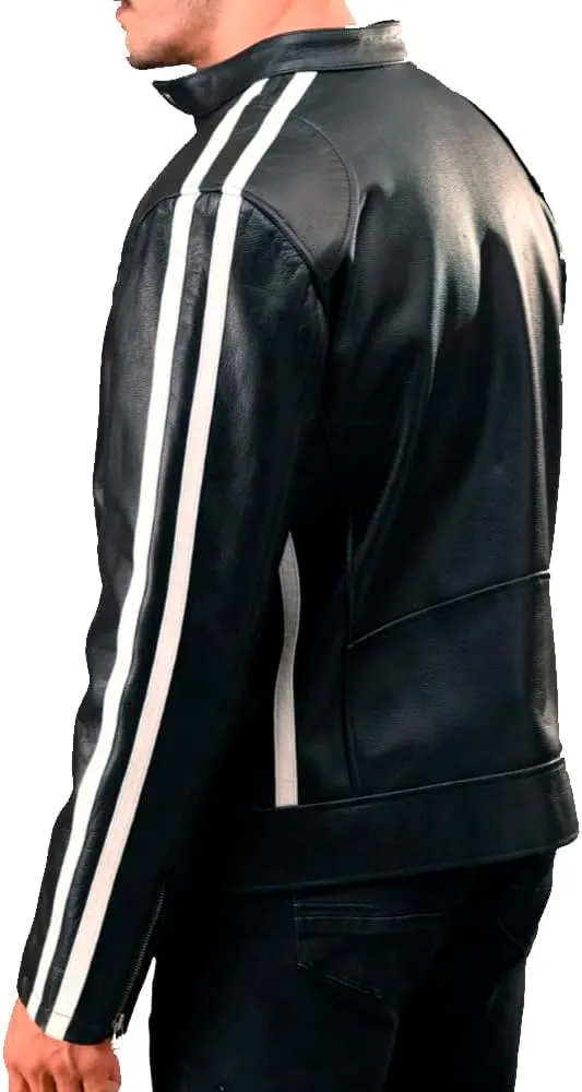 Mens Black Cafe Racer Vintage Motorcycle White Stripes Leather Jacket Retro Biker Leather Jacket