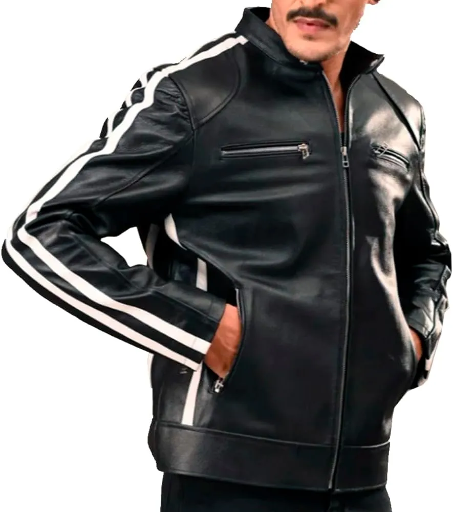 Mens Black Cafe Racer Vintage Motorcycle White Stripes Leather Jacket Retro Biker Leather Jacket