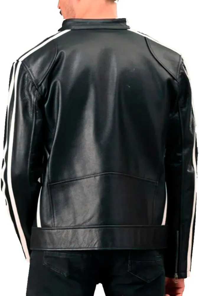 Mens Black Cafe Racer Vintage Motorcycle White Stripes Leather Jacket Retro Biker Leather Jacket