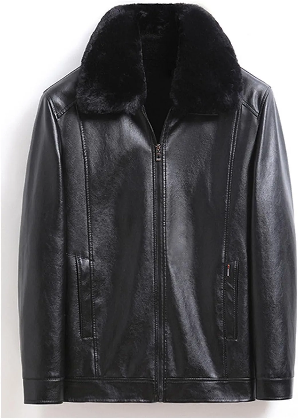 Mens Black Leather Jacket with Detachable Fur Collar Zip PU Leather Jacket Motorcycle Faux Leather Biker Jacket