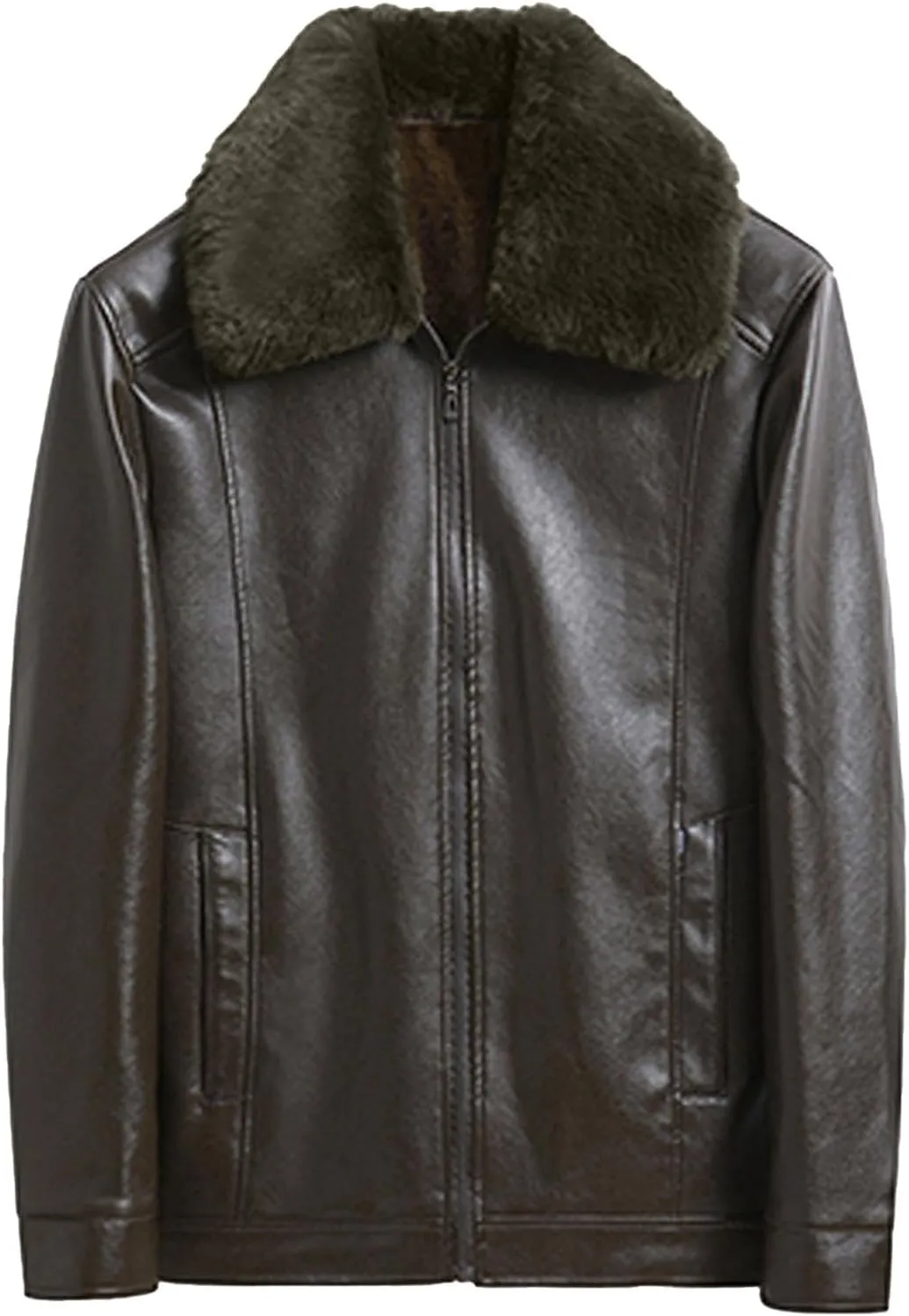 Mens Black Leather Jacket with Detachable Fur Collar Zip PU Leather Jacket Motorcycle Faux Leather Biker Jacket