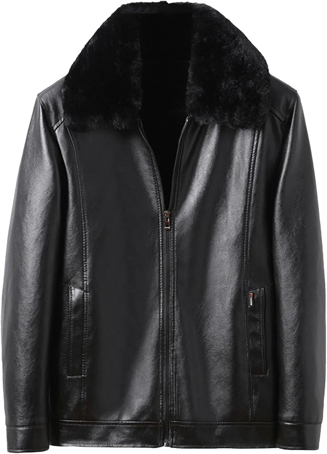 Mens Black Leather Jacket with Detachable Fur Collar Zip PU Leather Jacket Motorcycle Faux Leather Biker Jacket