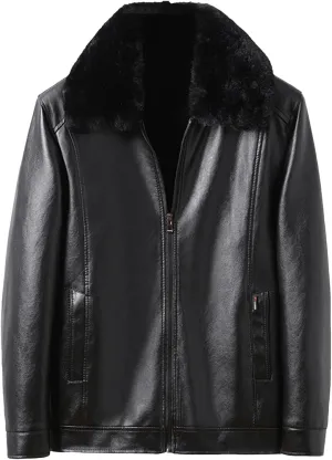 Mens Black Leather Jacket with Detachable Fur Collar Zip PU Leather Jacket Motorcycle Faux Leather Biker Jacket
