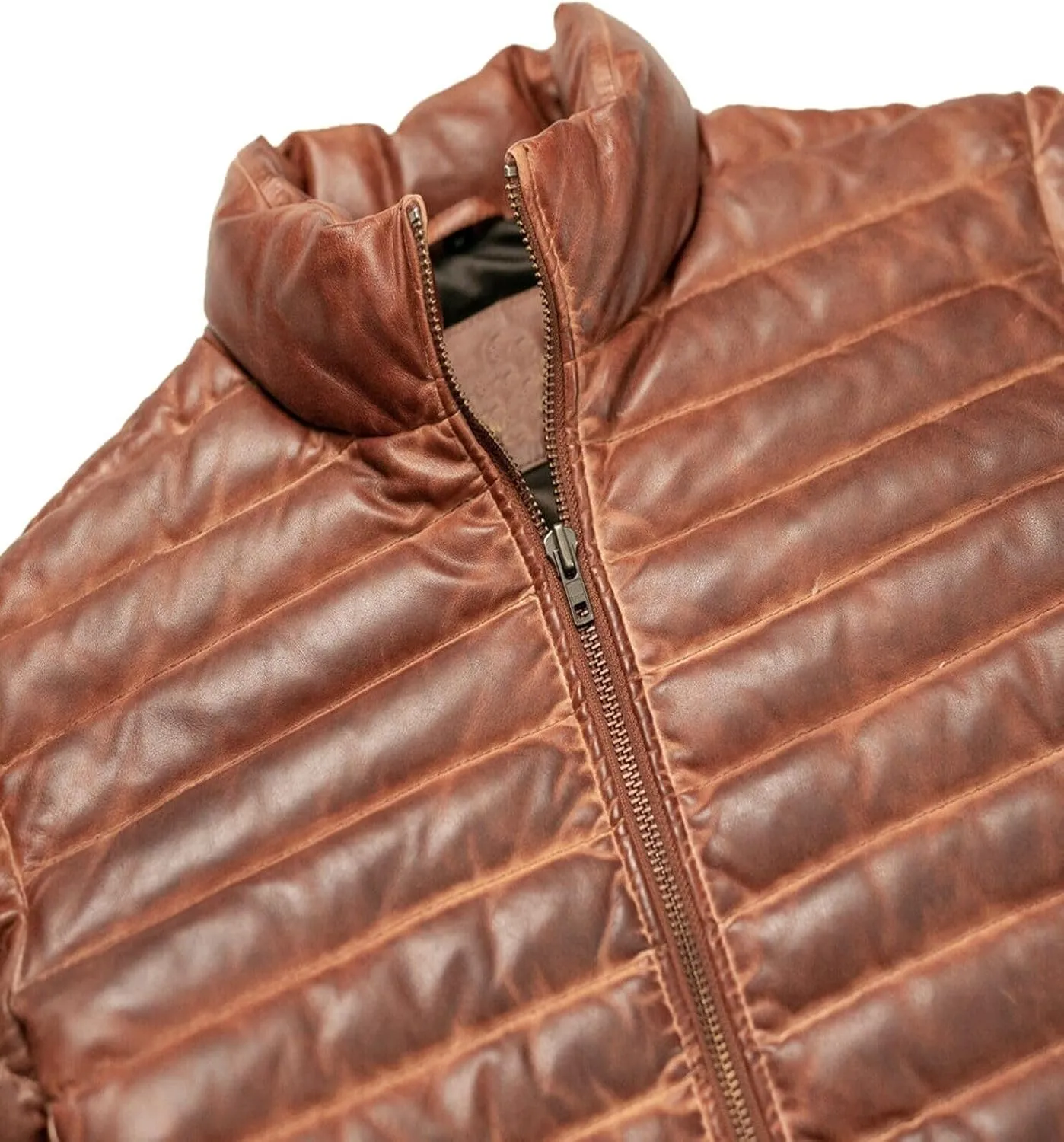 Mens Brown Puffer Leather Jacket - Brown Dristressed Down Puffer Genuine Leather Jacket