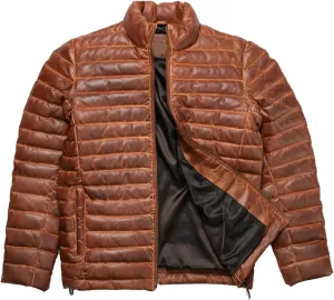 Mens Brown Puffer Leather Jacket - Brown Dristressed Down Puffer Genuine Leather Jacket
