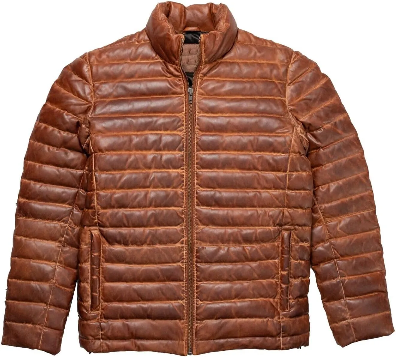 Mens Brown Puffer Leather Jacket - Brown Dristressed Down Puffer Genuine Leather Jacket