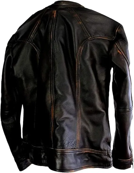 Men's Cafe Racer Genuine Leather Jacket - Distressed Retro Leather Jacket - Vintage Motorcycle Leather Jacket