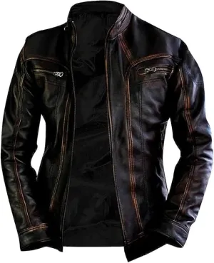 Men's Cafe Racer Genuine Leather Jacket - Distressed Retro Leather Jacket - Vintage Motorcycle Leather Jacket