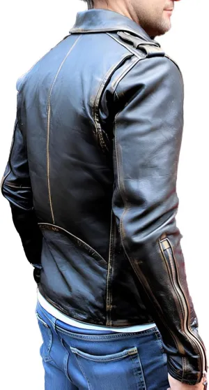Men's Cafe Racer Genuine Leather Jacket - Distressed Retro Vintage Motorcycle Leather Jacket
