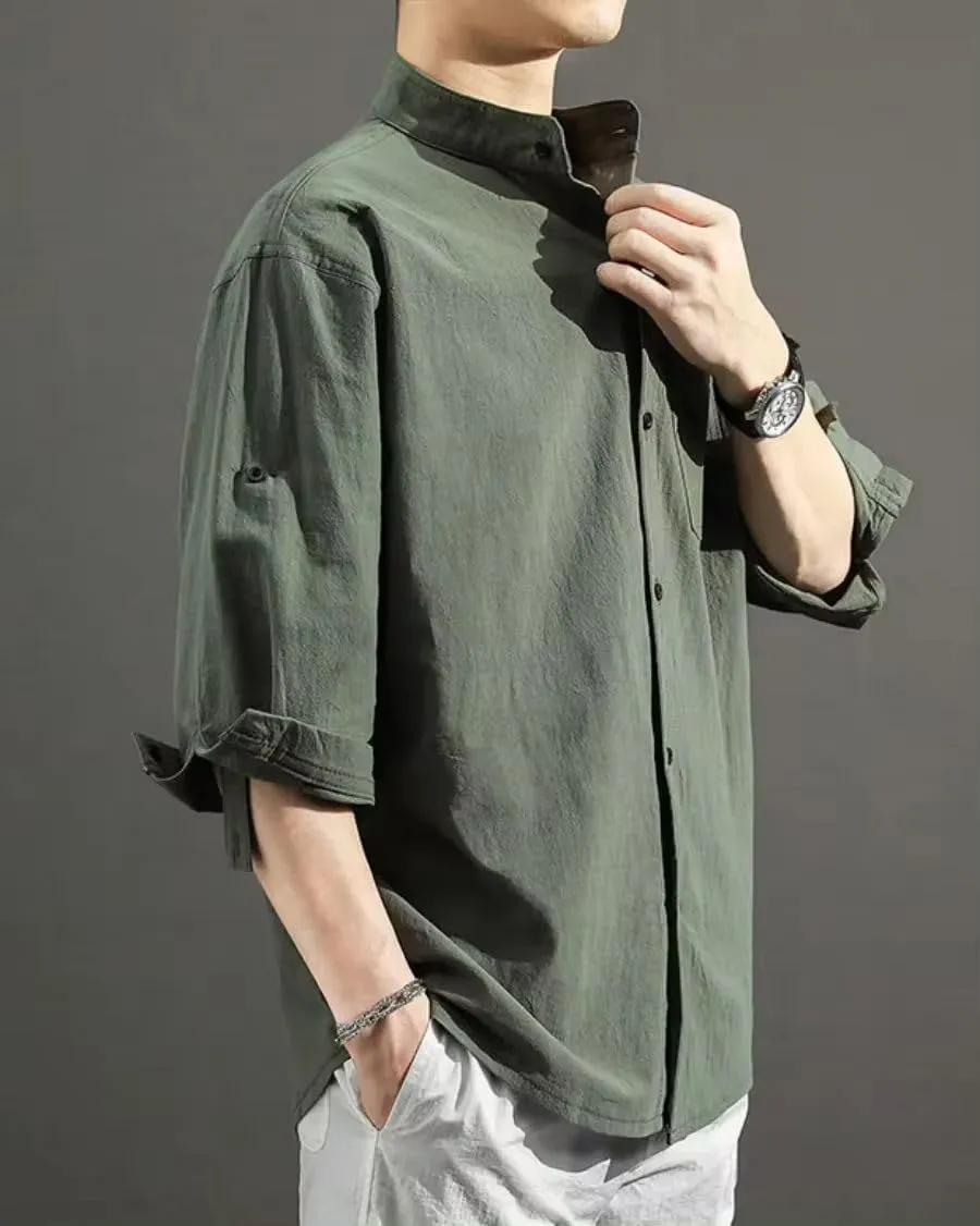 Men's Casual Cotton Linen Shirts Loose T Shirts for Men Three Quarter Sleeve Summer Tops Clothes Male