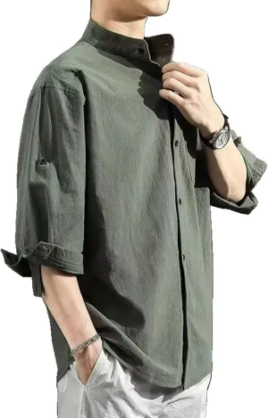 Men's Casual Cotton Linen Shirts Loose T Shirts for Men Three Quarter Sleeve Summer Tops Clothes Male
