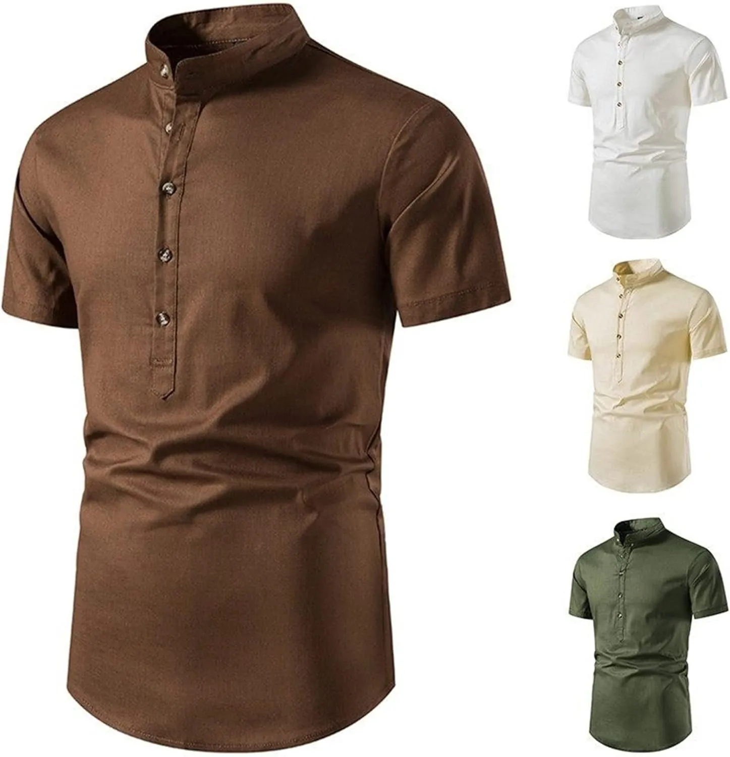 Men's Casual Cotton Linen Short Sleeve Summer Lightweight Banded Collar Beach Tops Hippie T-Shirt