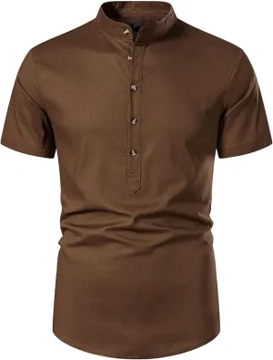 Men's Casual Cotton Linen Short Sleeve Summer Lightweight Banded Collar Beach Tops Hippie T-Shirt
