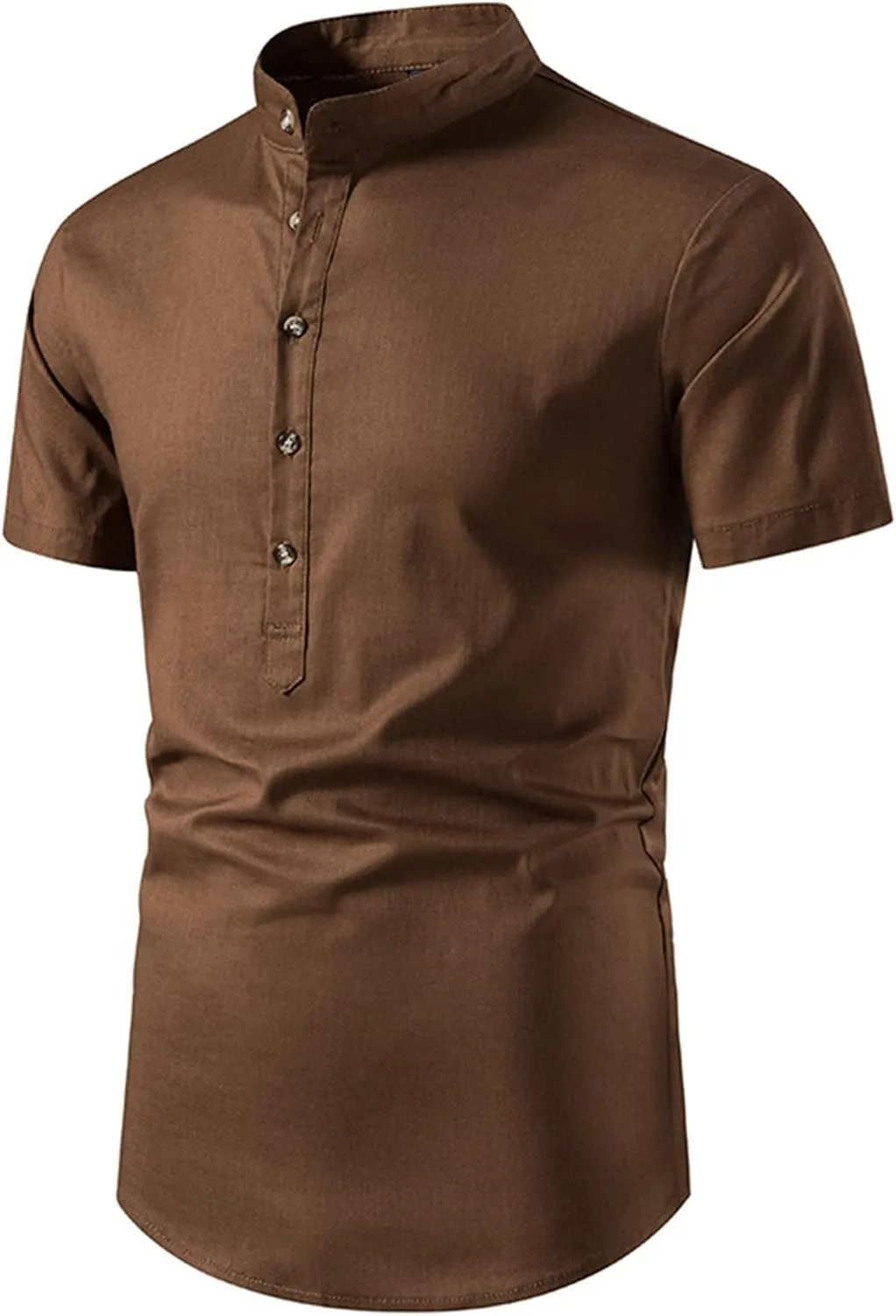 Men's Casual Cotton Linen Short Sleeve Summer Lightweight Banded Collar Beach Tops Hippie T-Shirt
