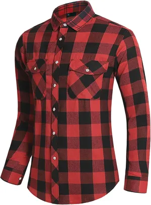 Mens Casual Cotton Plaid Shirts Slim Fit Button Down Long Sleeve Cotton Shirt Outdoor Fishing Hiking Travel Tee Top