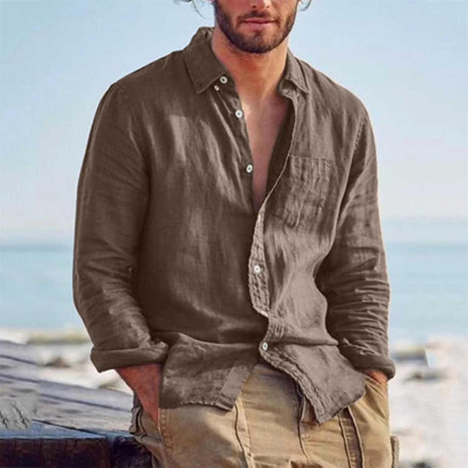 Men's Casual Lapel Cotton Linen Cardigan Long Sleeve Leisure Retro Beach Shirt Summer Loose Button Down Tops