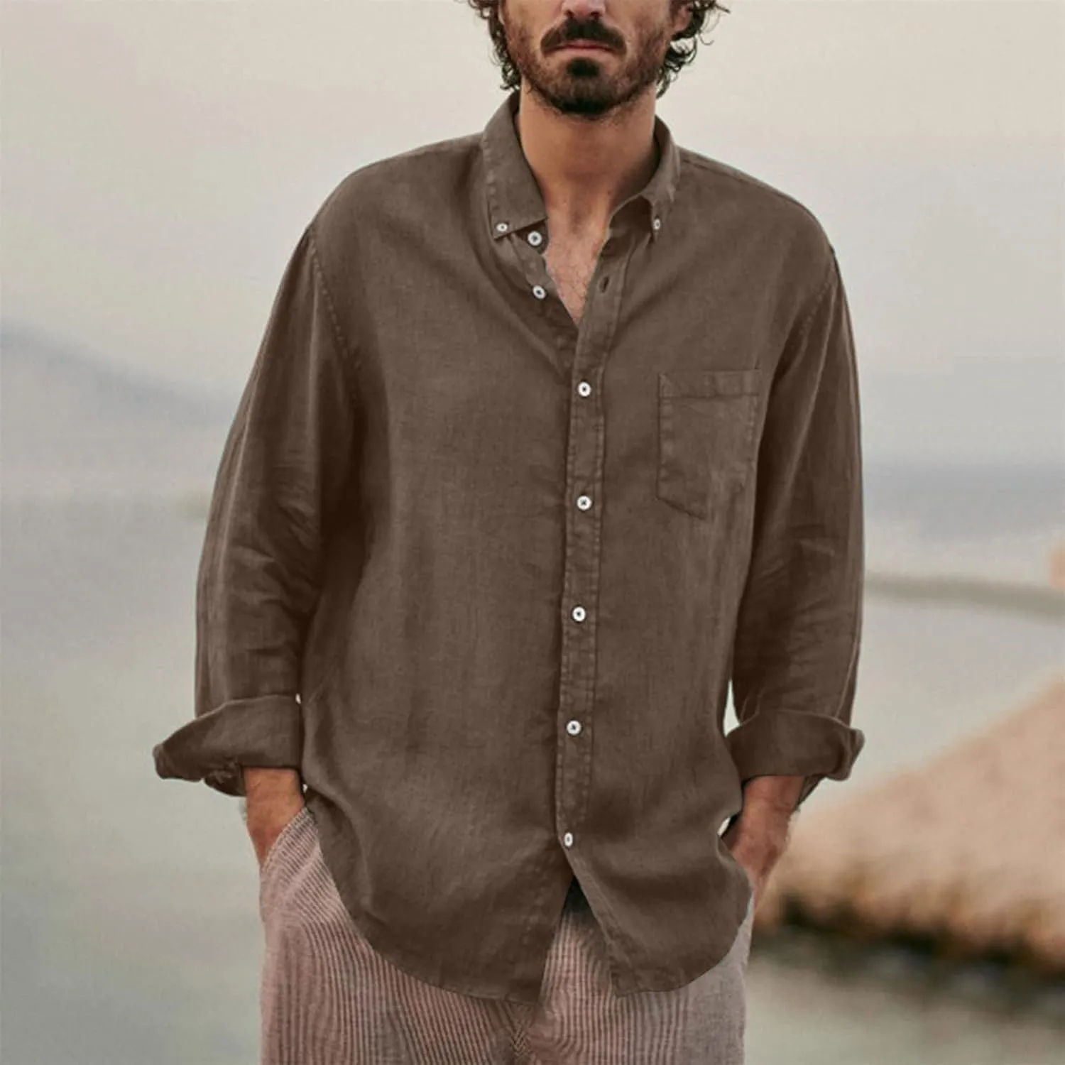 Men's Casual Lapel Cotton Linen Cardigan Long Sleeve Leisure Retro Beach Shirt Summer Loose Button Down Tops