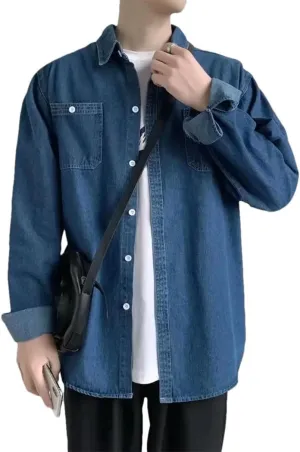 Men's Casual Long Sleeve Denim Shirt Korean Style Fashion Outerwear Vintage Washed Work Shirts