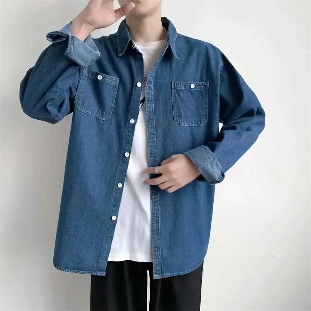 Men's Casual Long Sleeve Denim Shirt Korean Style Fashion Outerwear Vintage Washed Work Shirts