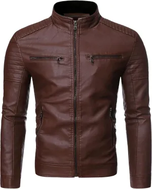 Mens Casual Slim Leather Jacket Vintage Stand Collar Faux Leather Jacket Fashion Lightweight Motorcycle Biker Coat