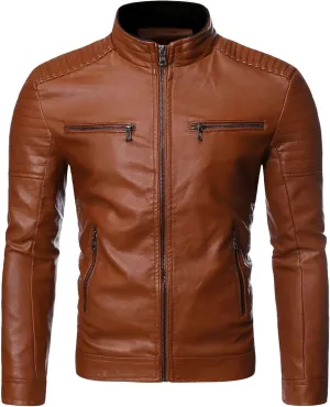 Mens Casual Slim Leather Jacket Vintage Stand Collar Faux Leather Jacket Fashion Lightweight Motorcycle Biker Coat