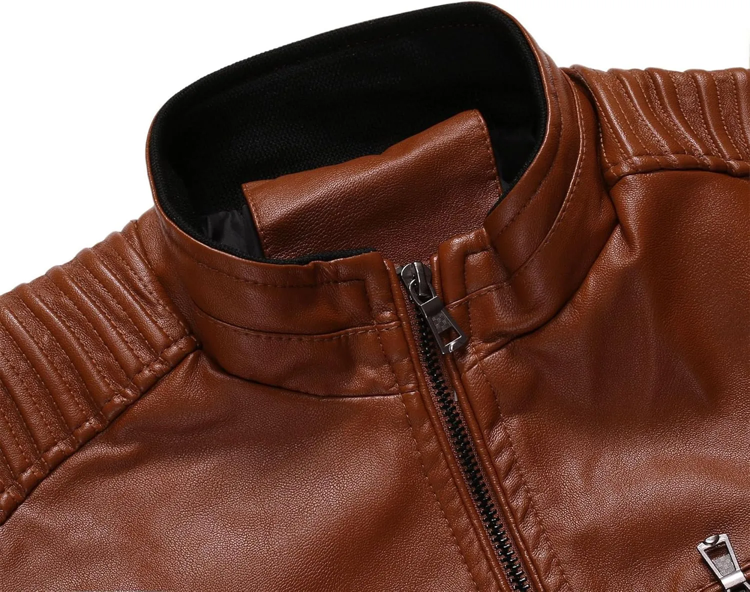 Mens Casual Slim Leather Jacket Vintage Stand Collar Faux Leather Jacket Fashion Lightweight Motorcycle Biker Coat
