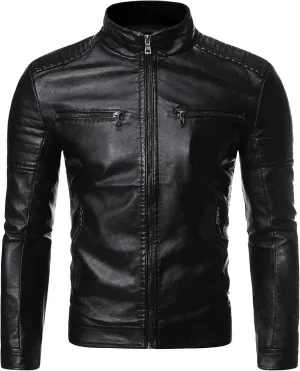 Mens Casual Slim Leather Jacket Vintage Stand Collar Faux Leather Jacket Fashion Lightweight Motorcycle Biker Coat