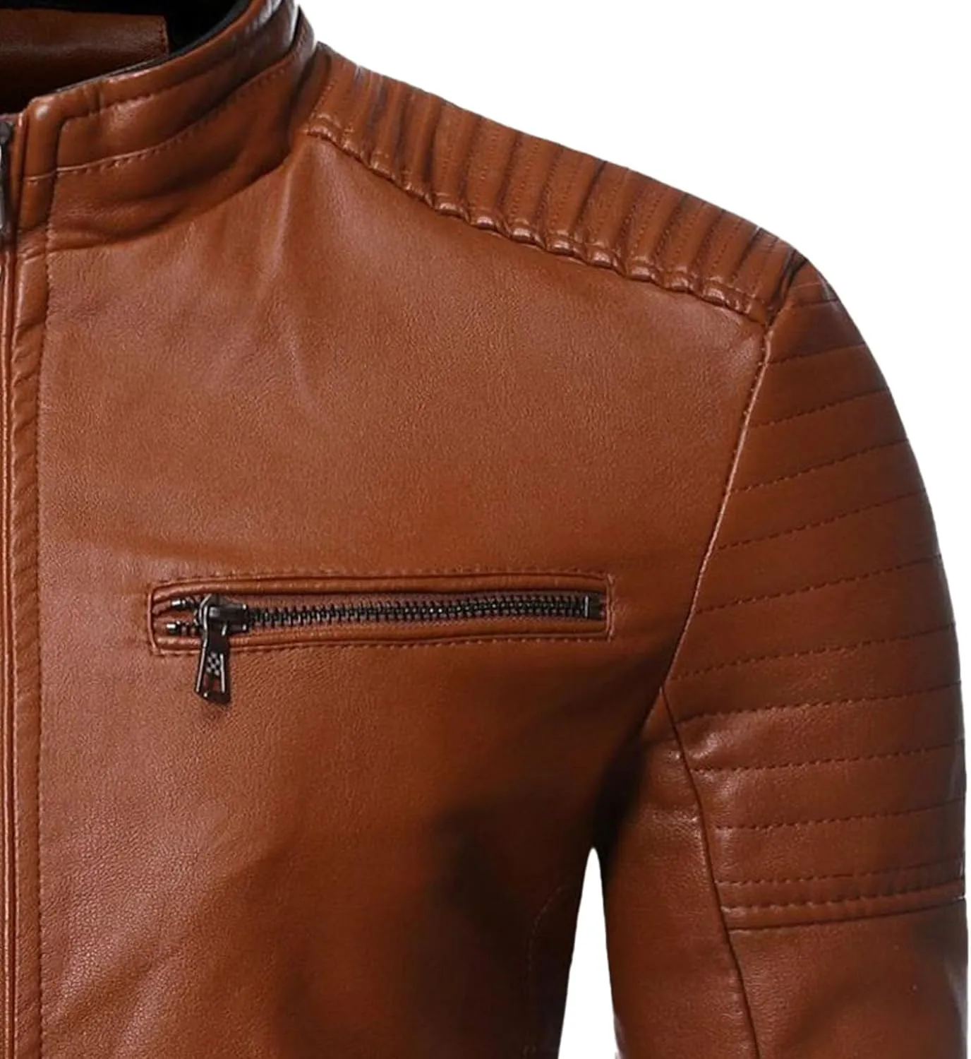 Mens Casual Slim Leather Jacket Vintage Stand Collar Faux Leather Jacket Fashion Lightweight Motorcycle Biker Coat