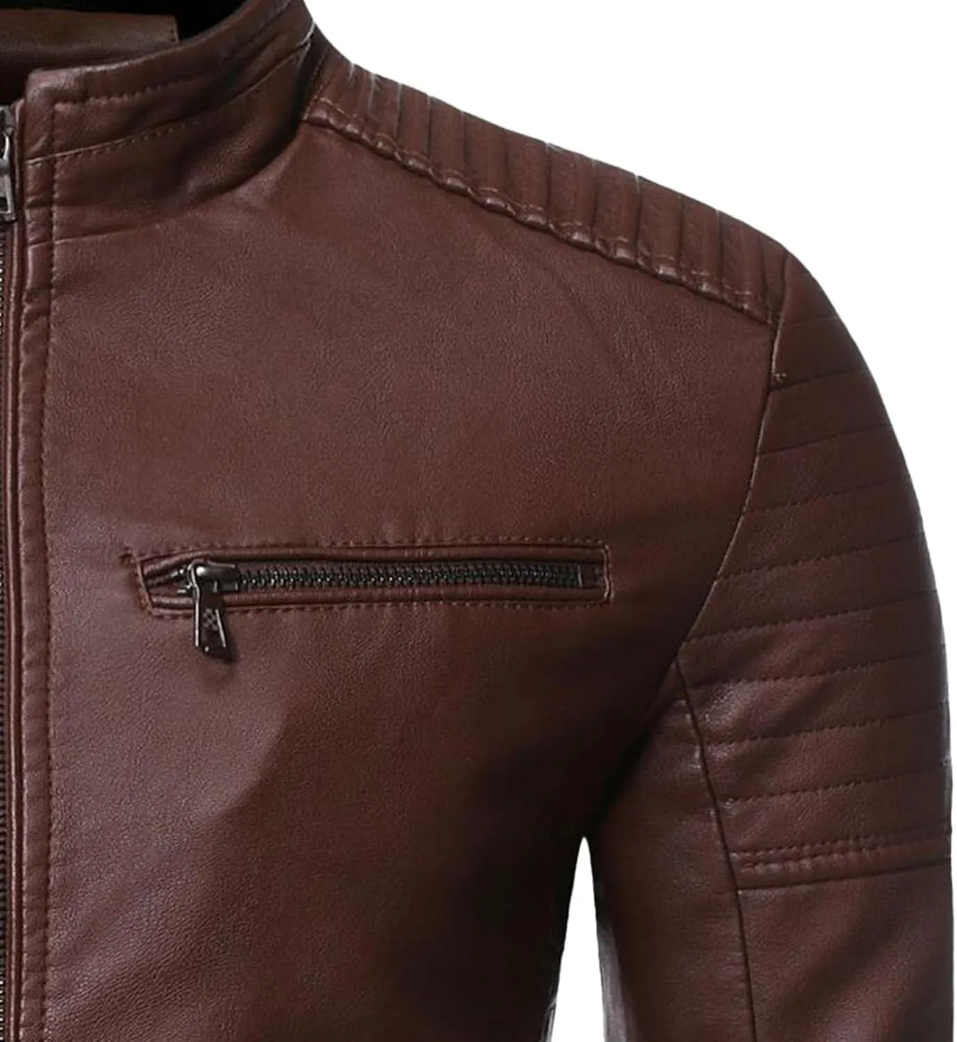 Mens Casual Slim Leather Jacket Vintage Stand Collar Faux Leather Jacket Fashion Lightweight Motorcycle Biker Coat