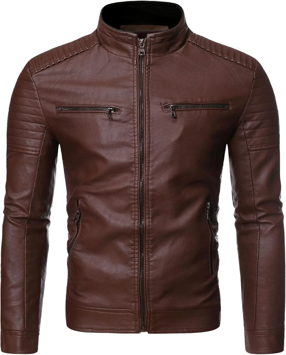 Mens Casual Slim Leather Jacket Vintage Stand Collar Faux Leather Jacket Fashion Lightweight Motorcycle Biker Coat