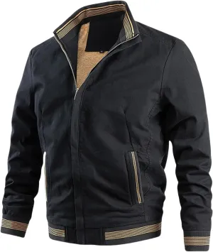 Men's Casual Thin Bomber Jackets Thick Fleece Lined Military Jackets Stand Collars Windbreaker Coats with Zip Pockets