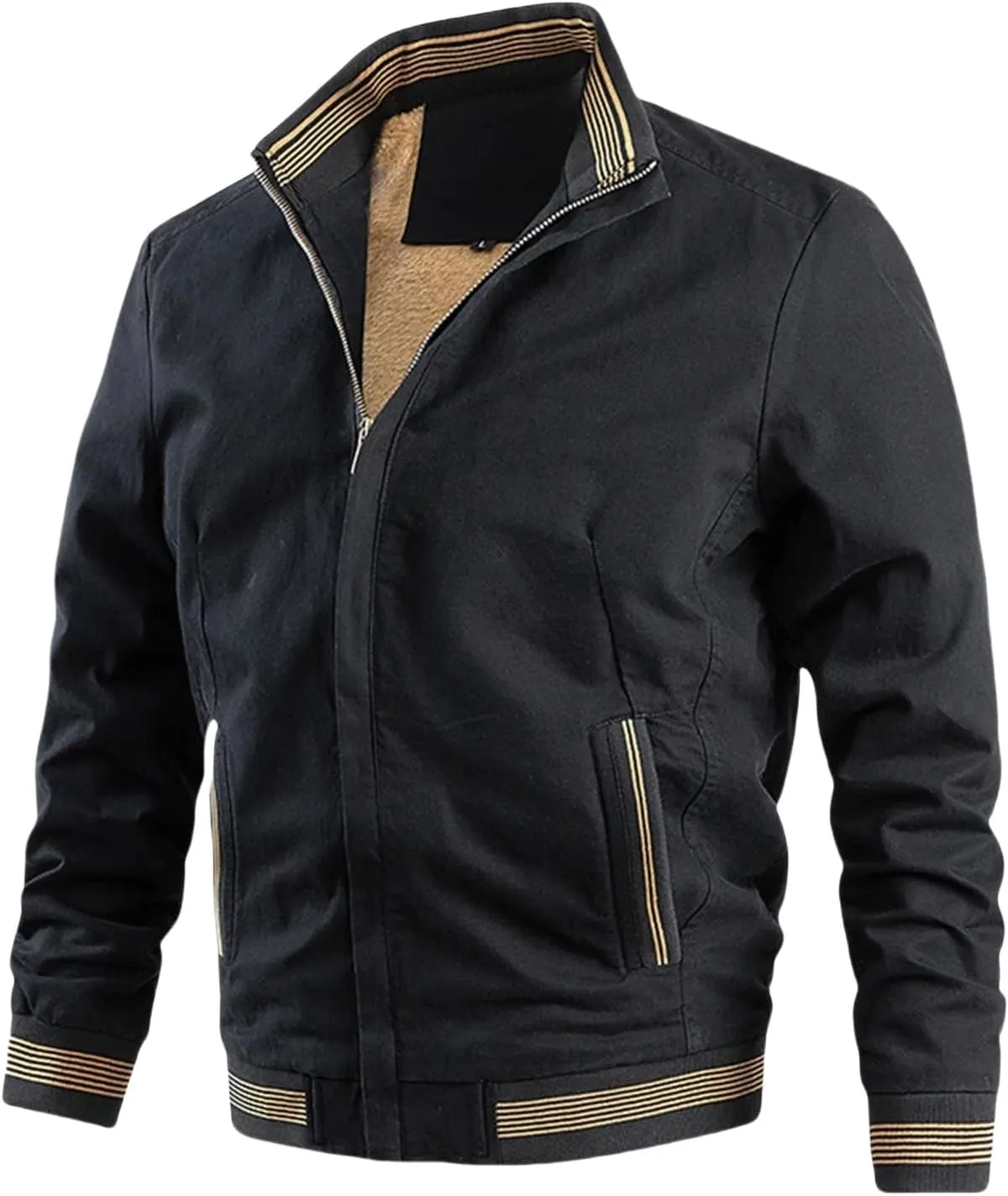 Men's Casual Thin Bomber Jackets Thick Fleece Lined Military Jackets Stand Collars Windbreaker Coats with Zip Pockets