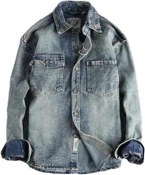 Men's Collar Embroidery Design Vintage Denim Shirt with Long Sleeves Coat