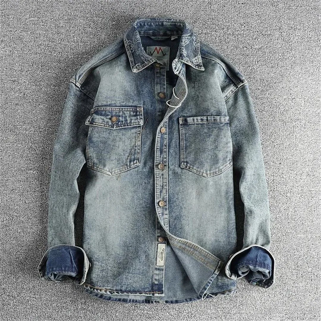Men's Collar Embroidery Design Vintage Denim Shirt with Long Sleeves Coat